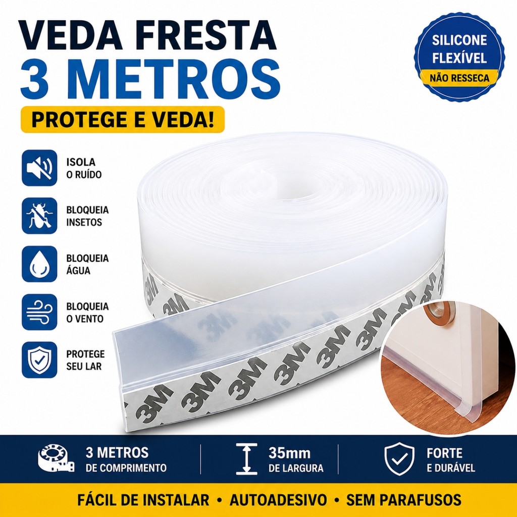 Fita Veda Fresta Silicone 3 Metros 35mm Vedação Porta Janela Anti Insetos Poeira Água Vento Autoadesiva