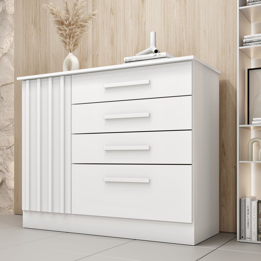 Cômoda 4 Gavetas 104cm Ripada Nova York Branco/Neve Neve/Neve