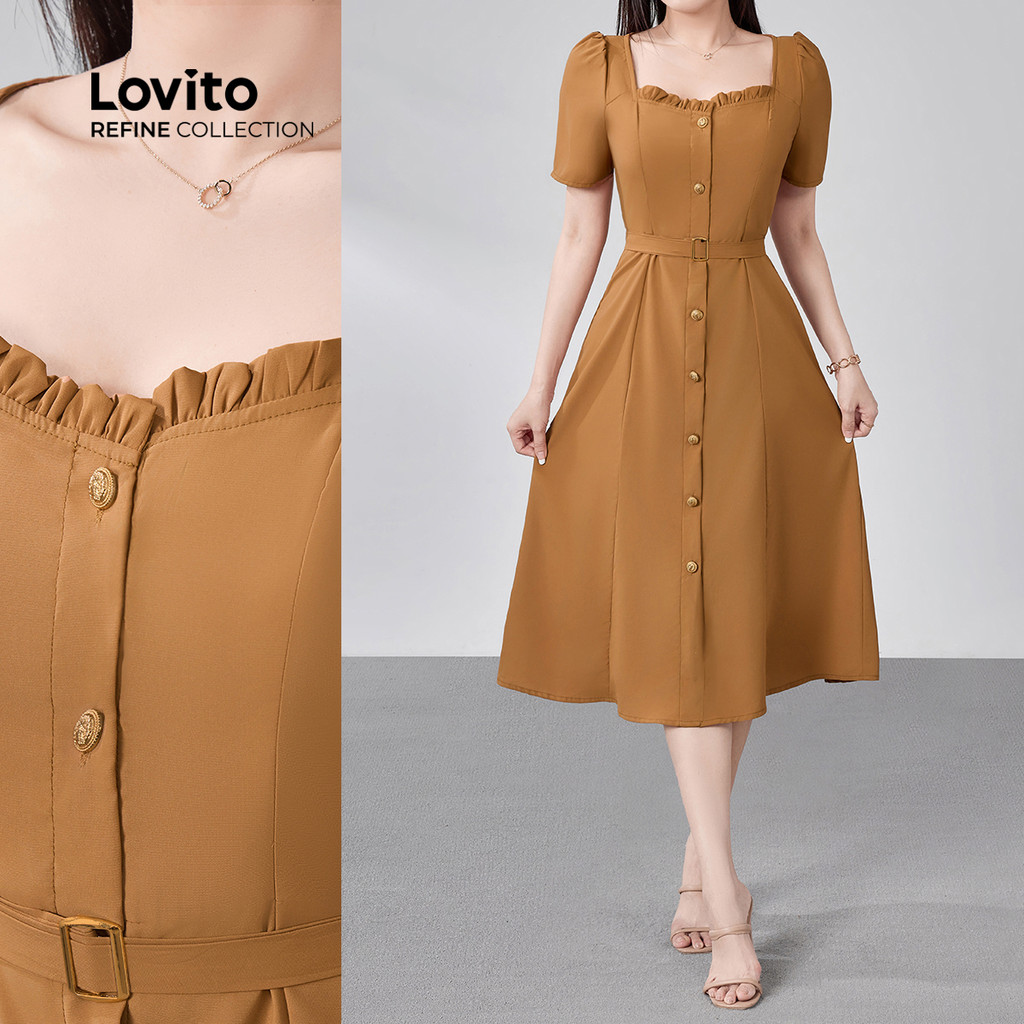(New) (Lovito Refine) Vestido Elegante de Botão com Cinto para Primavera/verão em Cáqui para mulheres LR18E211 em Oferta na Shopee