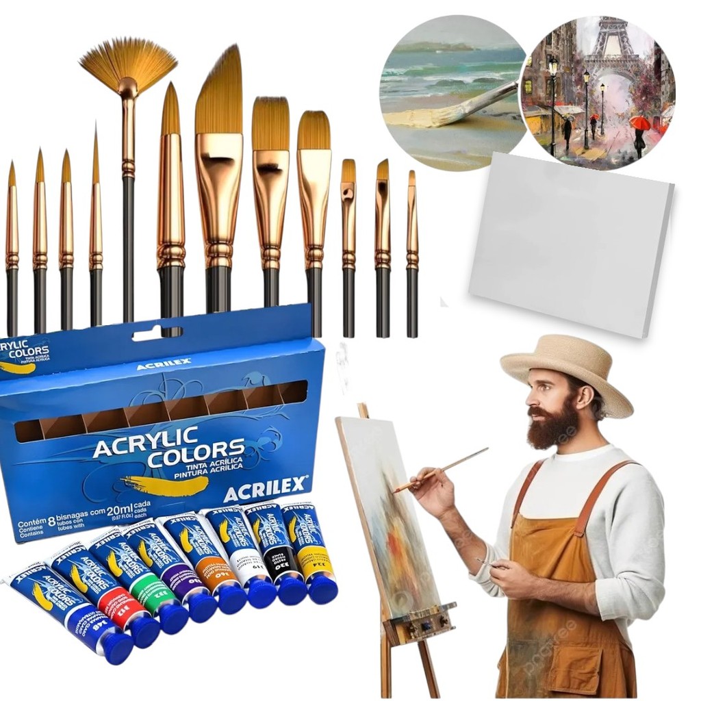 Kit de pintura artística Acrilex com tinta acrílica, pincel e tela