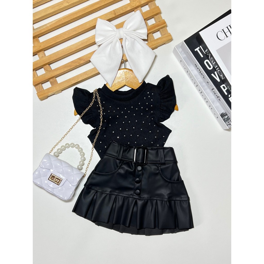 Conjunto 2 Peças Infantil Menina Saia Plissada e Blusa com Brilho Verão Passeio em Oferta na Shopee