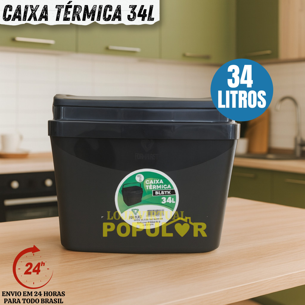 Caixa Térmica Preta Cooler Resistente  Com Alça 34 Litros Porta Copos Praia Camping