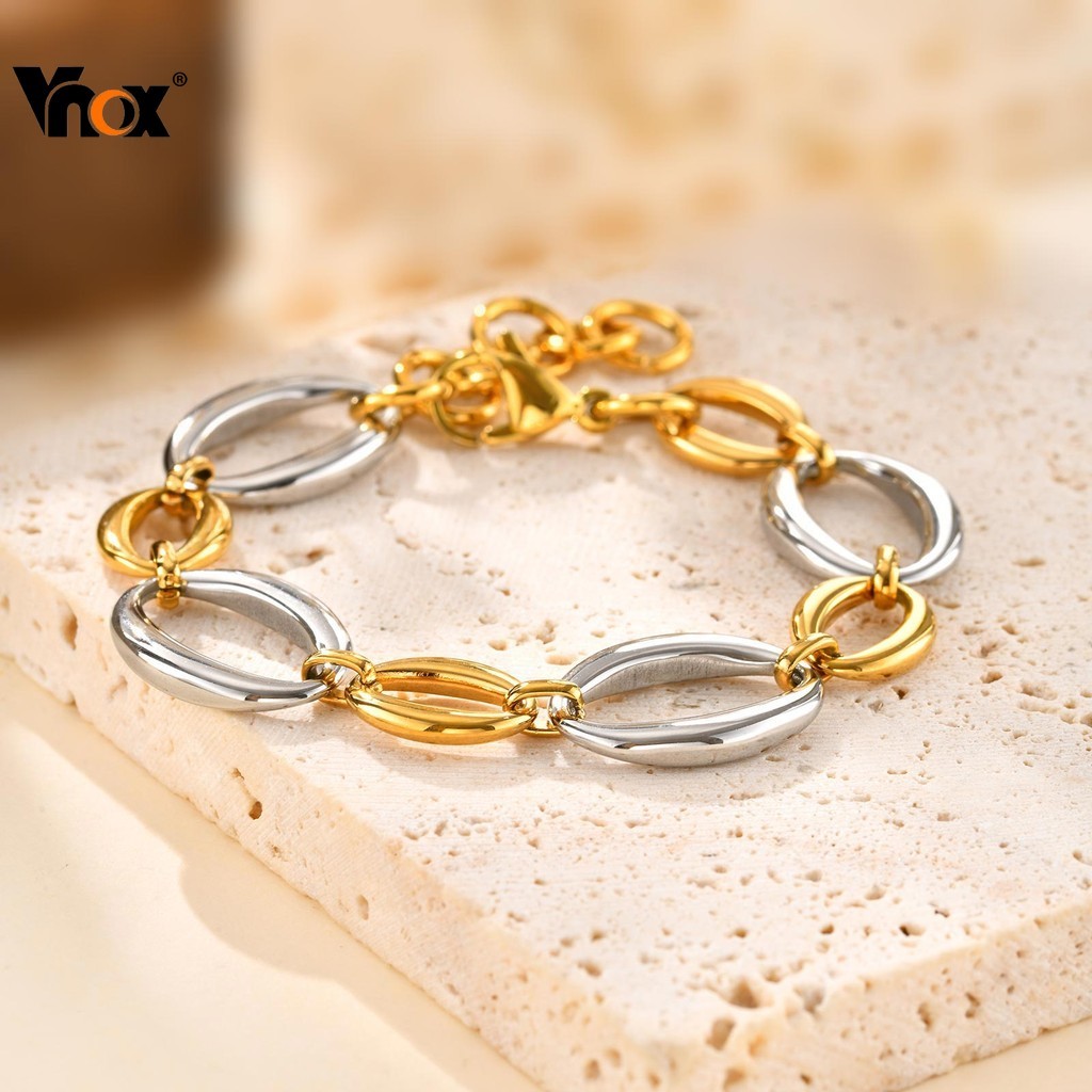 Vnox Oval Artesanal Link Corrente Pulseira Ouro Grosso Aço Inoxidável Feminino Jóias Simples