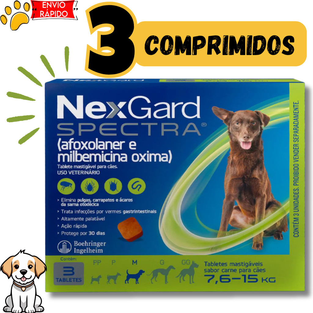 Cx com 3 NexGard Spectra para Cães de 7,6 a 15kg antipulgas e carrapatos