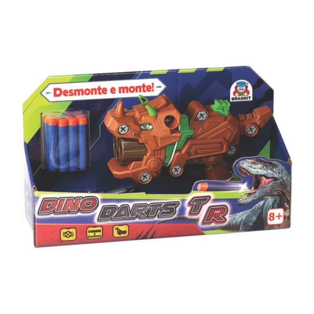 Dinossauro Brinquedo Infantil Lançador de Dardos Dino Darts TR c/ 8 Dardos e Chave Braskit 1100