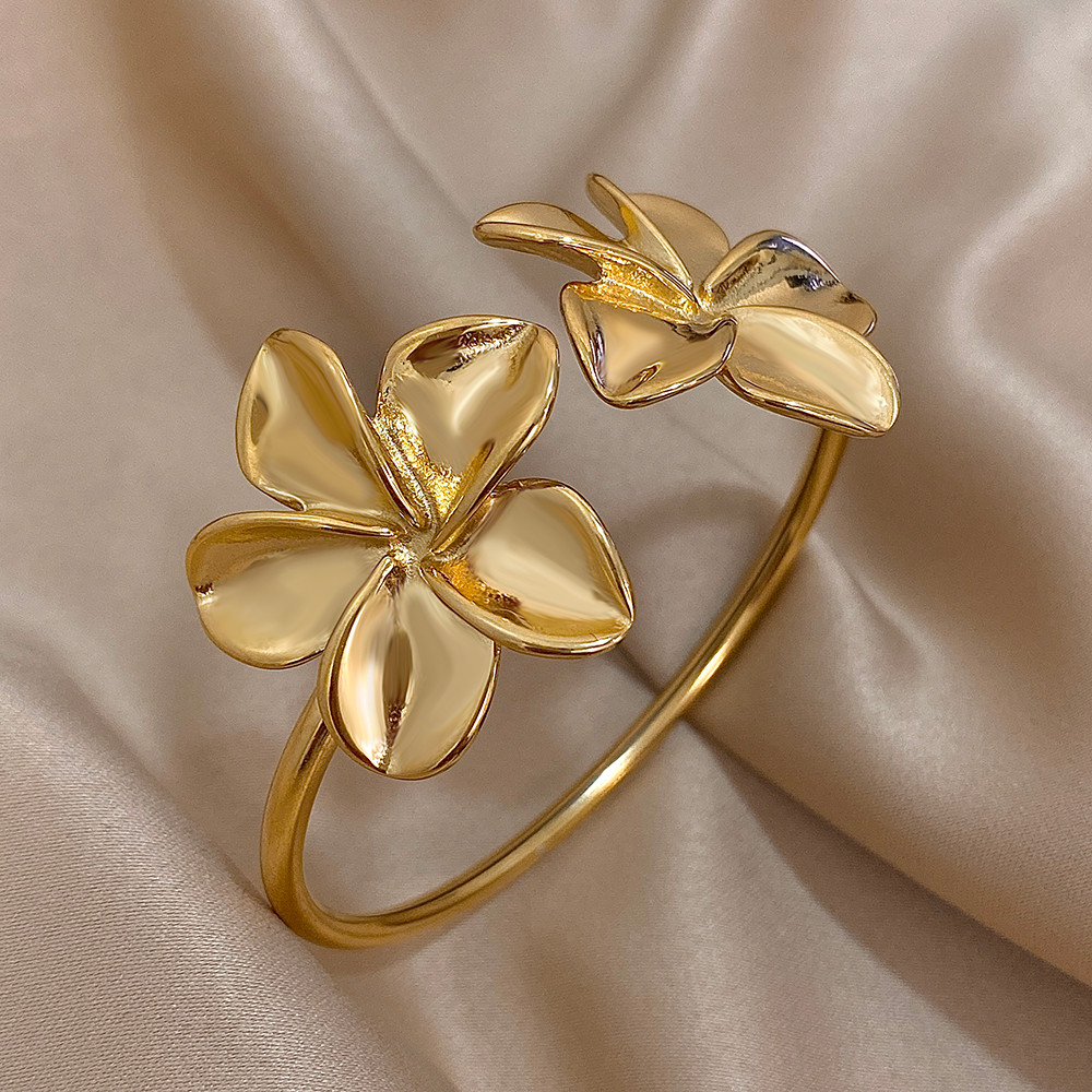 Pulseira De Aço Inoxidável Com Punho De Flor Dupla Cor Dourada Metal Floral Para Mulheres À Prova D'água Greatera