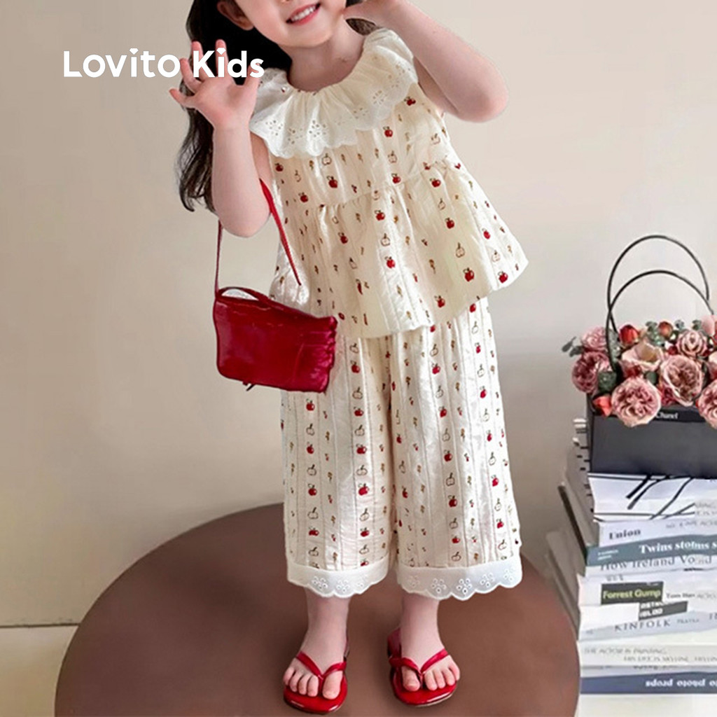 Lovito Kids Conjunto de Calças Casuais com Renda e Textura Delicada para Menina Primavera/Verão LNL111164 em Oferta na Shopee