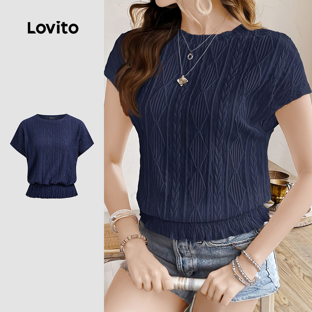 Lovito Camisa Casual de Alfaiataria para Primavera/verão Camiseta Azul Escura para Mulheres L150AD703 em Oferta na Shopee