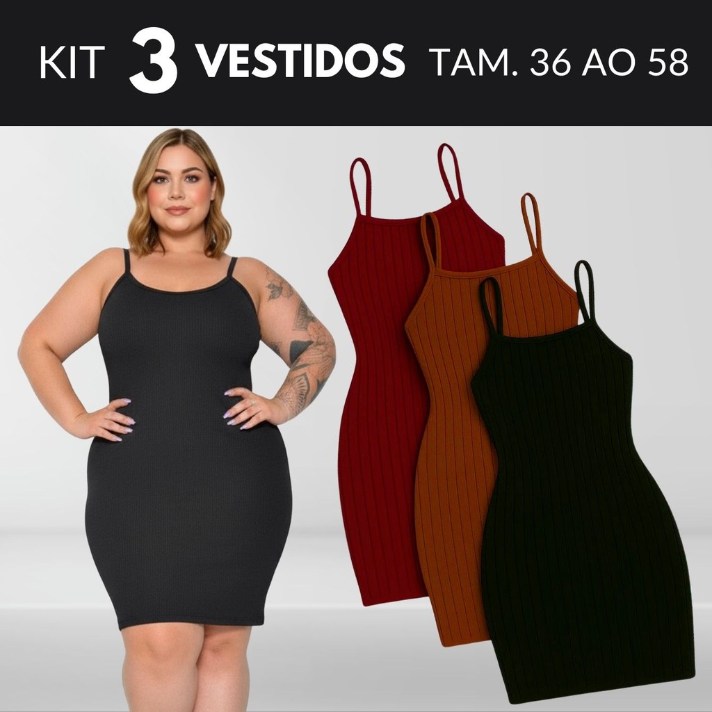 KIT 3 Vestido Plus Size Feminino Vestido Midi Vestido Canelado Vestidos Roupas Midsize Vestido Preto Tamanho 36 Ao 58