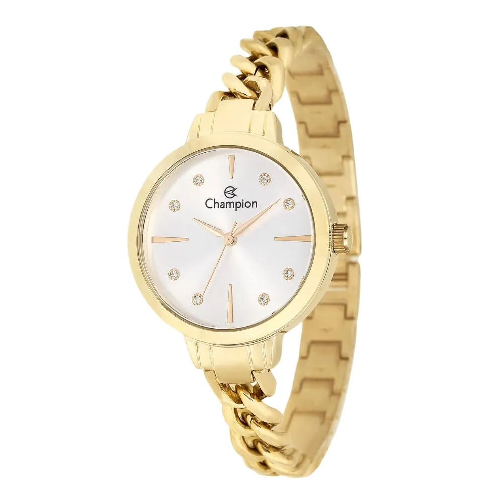 Relogio Feminino Dourado Champion com Pedras Pulseira Elos