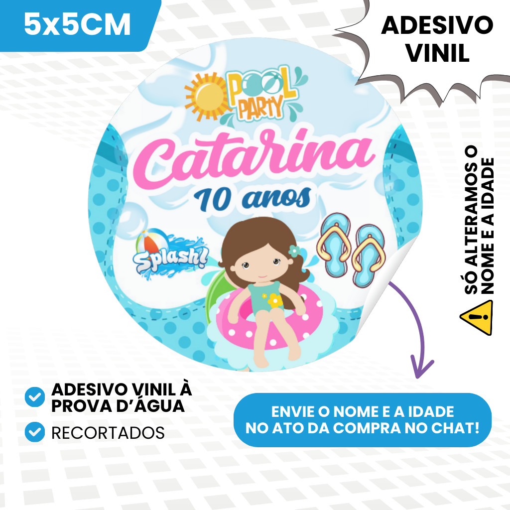 Adesivos Vinil 5x5cm Personalizados Para Lembrancinhas de Aniversário Infantil Menina Pool Party Piscina