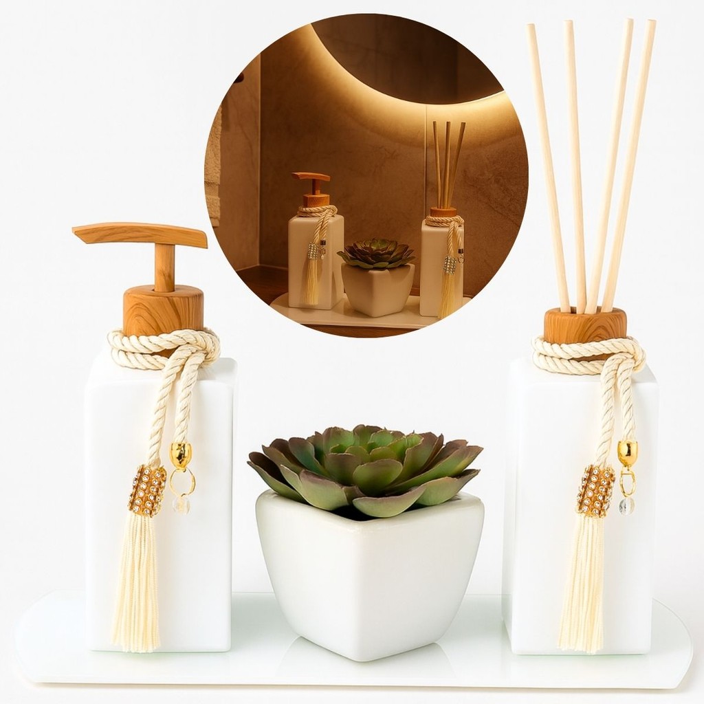 Kit Lavabo Moderno com Suculenta Saboneteira Aromatizador e Bandeja de Luxo Decoração Elegante