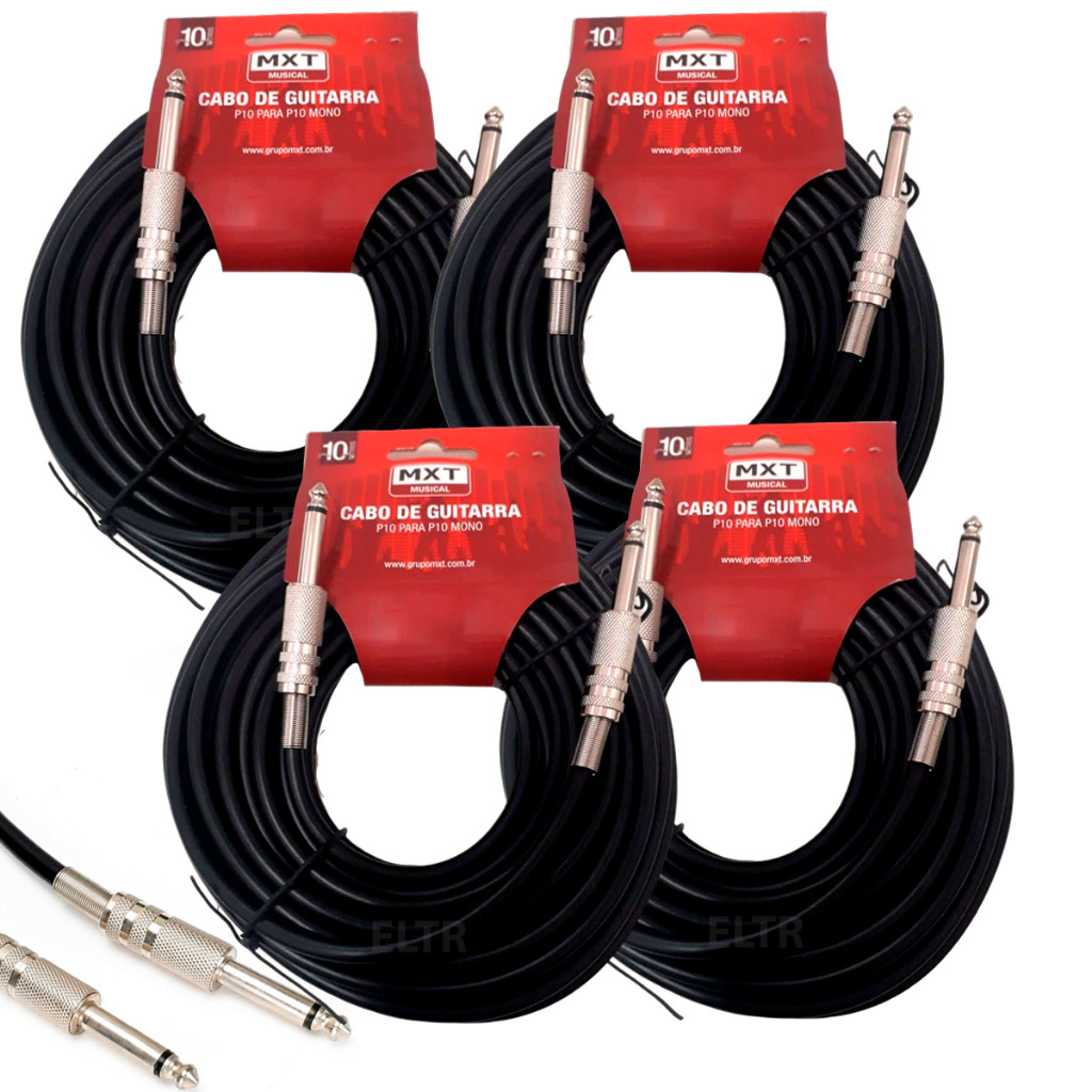 Kit 4 Cabo P10 P10 Mono Guitarra Violão Baixo Cavaquinho Caixa Som Amplificador 10m Metros