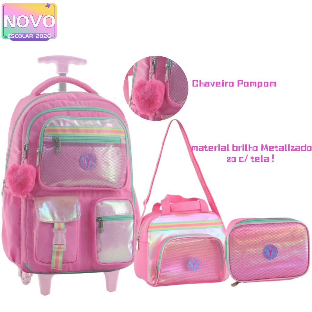 Kit Mochila Rodinha Colorido Metalizada Brilho Com Chaveiro Pompom Estojo Box Lancheira Térmica Escolar Feminina em Oferta na Shopee