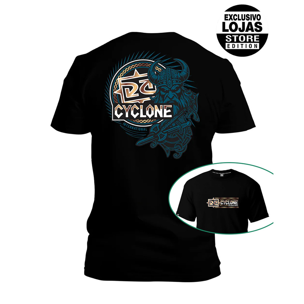 Camiseta Preta Unissex com Estampa de Viking e Letras “Cyclone", Estilo Urbano