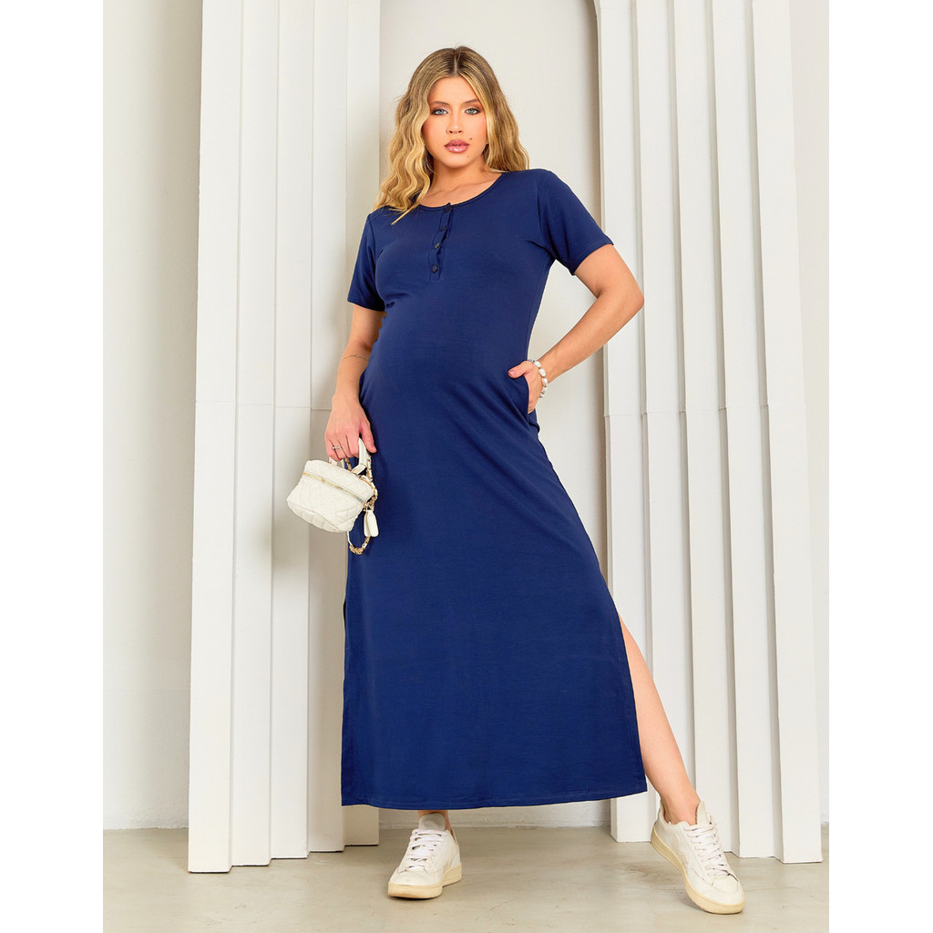 Vestido Gestante Moderno Botões Amamentar Com Fenda Lateral