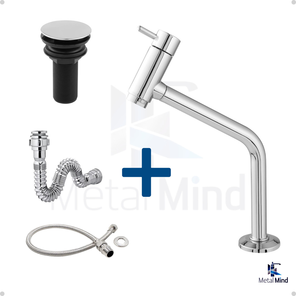 Kit Banheiro em ABS Cromado -Torneira Link Bancada, Válvula Click, Engate Flexível e Sifão Cromado