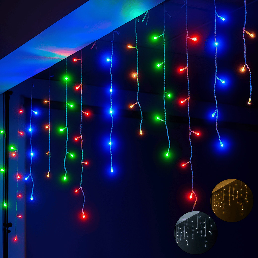 Pisca Pisca Cascata 100 LED 2,3m Colorido 8 Funções 127v - Wincy Natal / Cordão Luz RGB Natalino