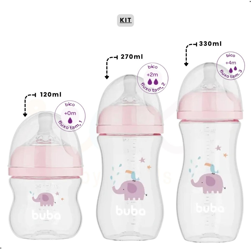 Kit 3 Mamadeiras Anticólica Buba 120ml, 270ml e 330ml Easy Flow Elefante