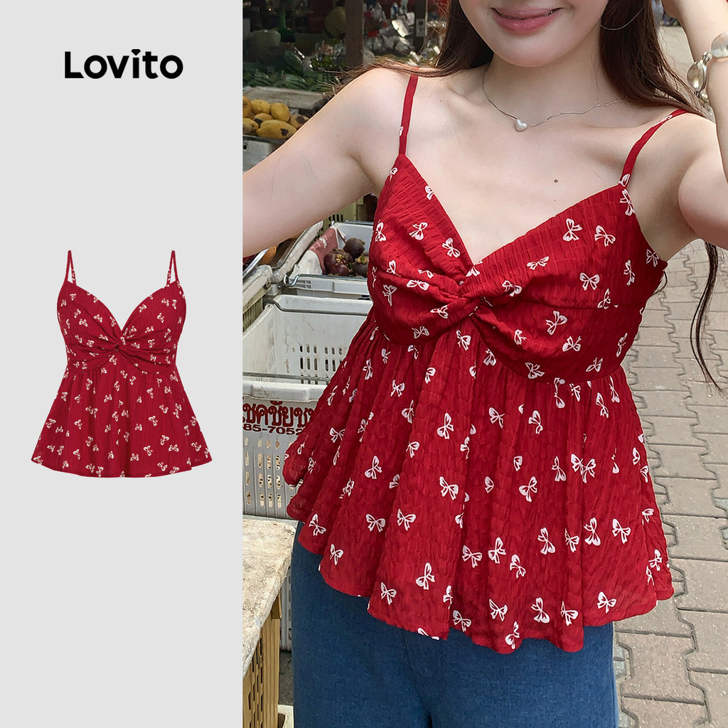 (NEW) Lovito Top Casual com Laço Na Cabeça e Confortável Primavera/verão Modelo Borgonha para Mulheres L155ED1071 em Oferta na Shopee
