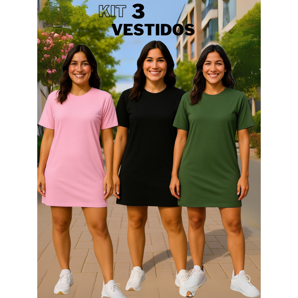 Kit 3 Vestidos Camisetão Oversized Malha Algodão Confortável