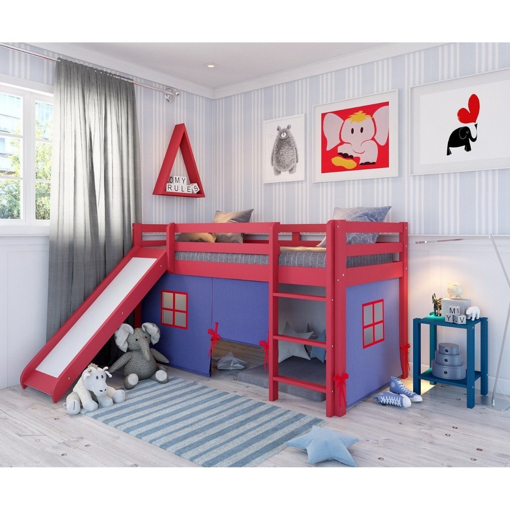 Cama Alta Infantil com Escorregador e Tenda em Madeira Maciça/mdff Vermelho/Azul em Oferta na Shopee