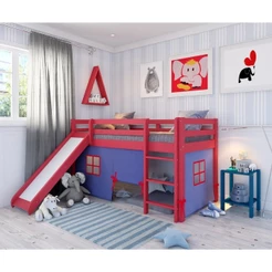 Cama Alta Infantil com Escorregador e Tenda em Madeira Maciça/Mdff Vermelho/Azul Vermelho/Azul