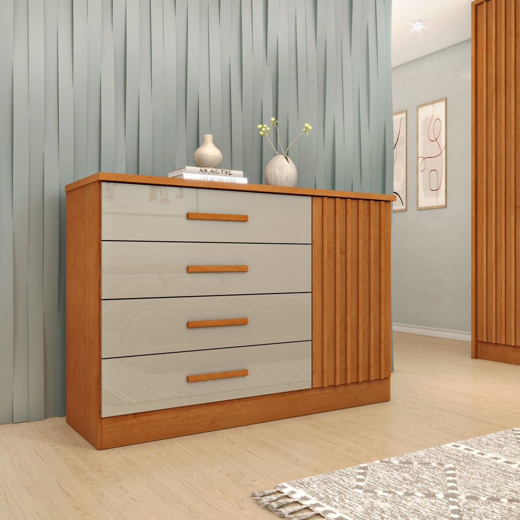 Cômoda 4 Gavetas em Mdf/mdp Ripado Espresso Móveis Off-White/Cinamomo em Oferta na Shopee