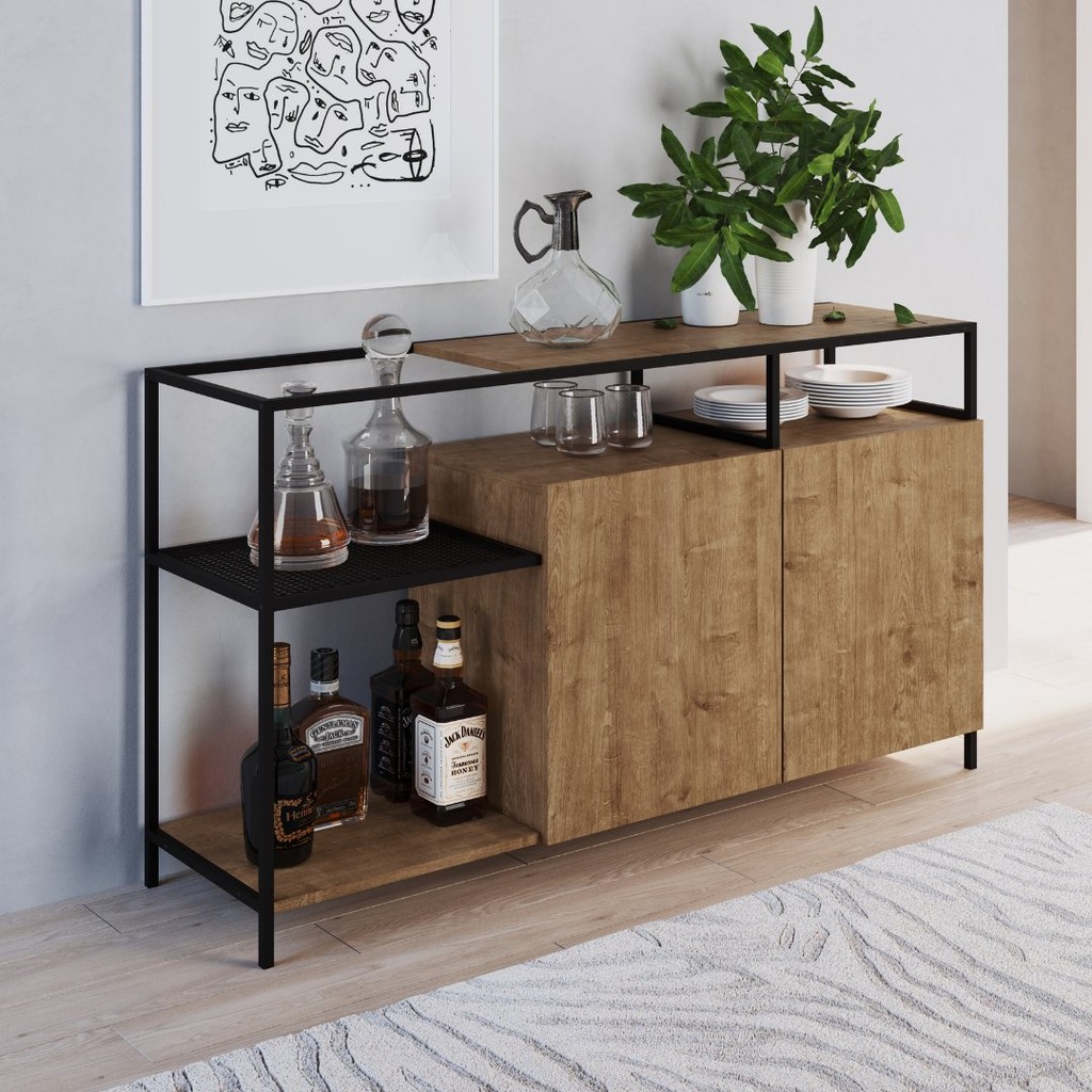 Buffet Aparador Bar Industrial Retrô 2 Portas 2 Nichos Madeira/Aço 135cm York Vermont/Preto em Oferta na Shopee
