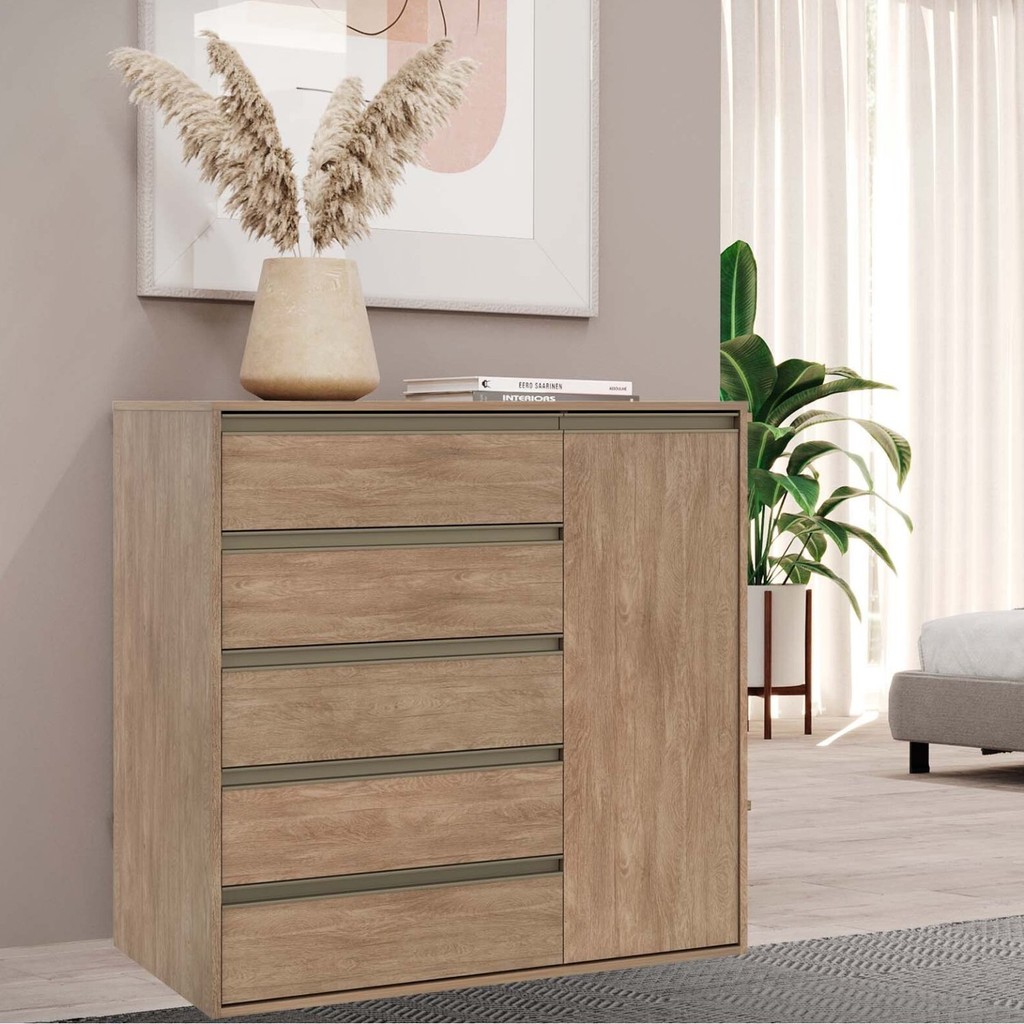 Cômoda Multiuso 5 Gavetas e 1 Porta 100% MDF Select Carvalho