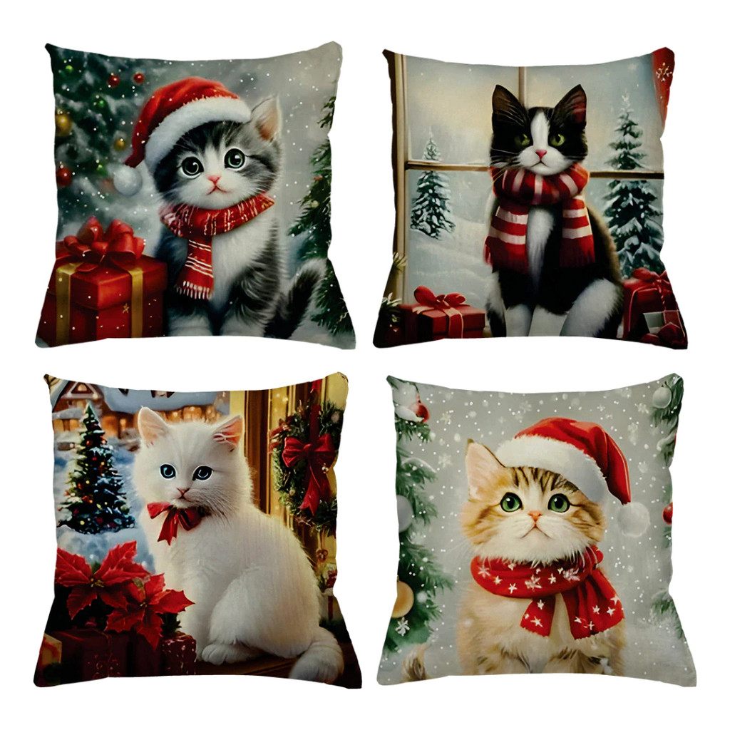 Kit 4 Capas De Almofadas Decorativas Natal Gato Natalino