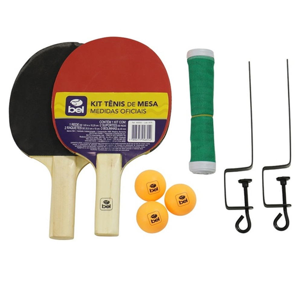 Kit Tênis de Mesa Ping-Pong: 2 Raquetes, Suporte,  Rede e 3 Bolinhas BEL