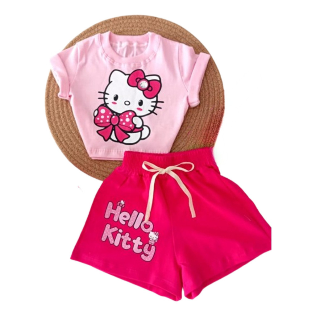 Conjunto Infantil Hello Kitty Menina Blusa Cropped Rosa Short Pink Roupa Infantil Feminina Verão