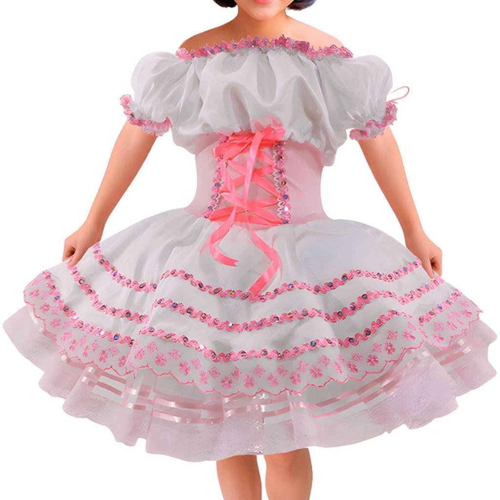Vestido Noivinha de Festa Junina Infantil de Luxo Branco e Rosa Espartilho Super Rodado Com Tiara e Véu