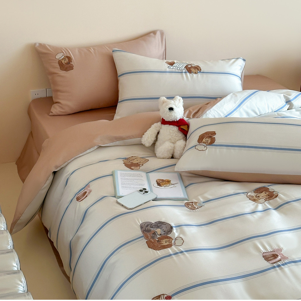 [Produto Premium Xingling] Desenho animado ins estilo orquídea listras digitais Tencel bordado conjunto de quatro peças 