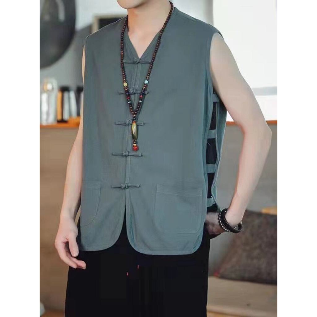 Colete de linho de algodão masculino verão fino Cardigan tamanho grande colete masculino velho Undershirt Retro fivela e