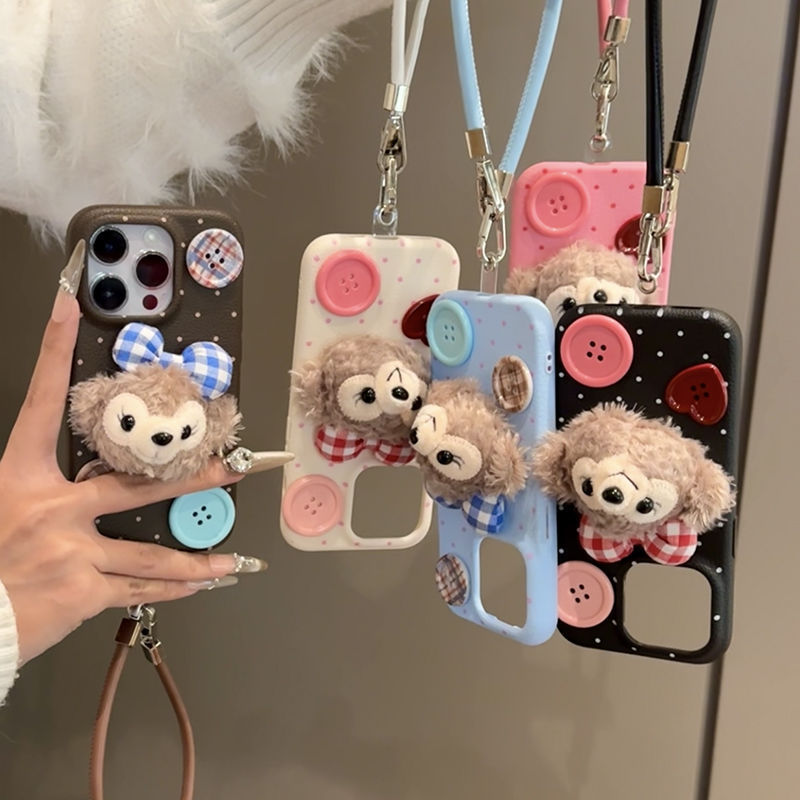 Capa de celular com textura de couro e alça de couro com boneca de pelúcia fofa Sydney, adequada para iPhone 16/15, capa