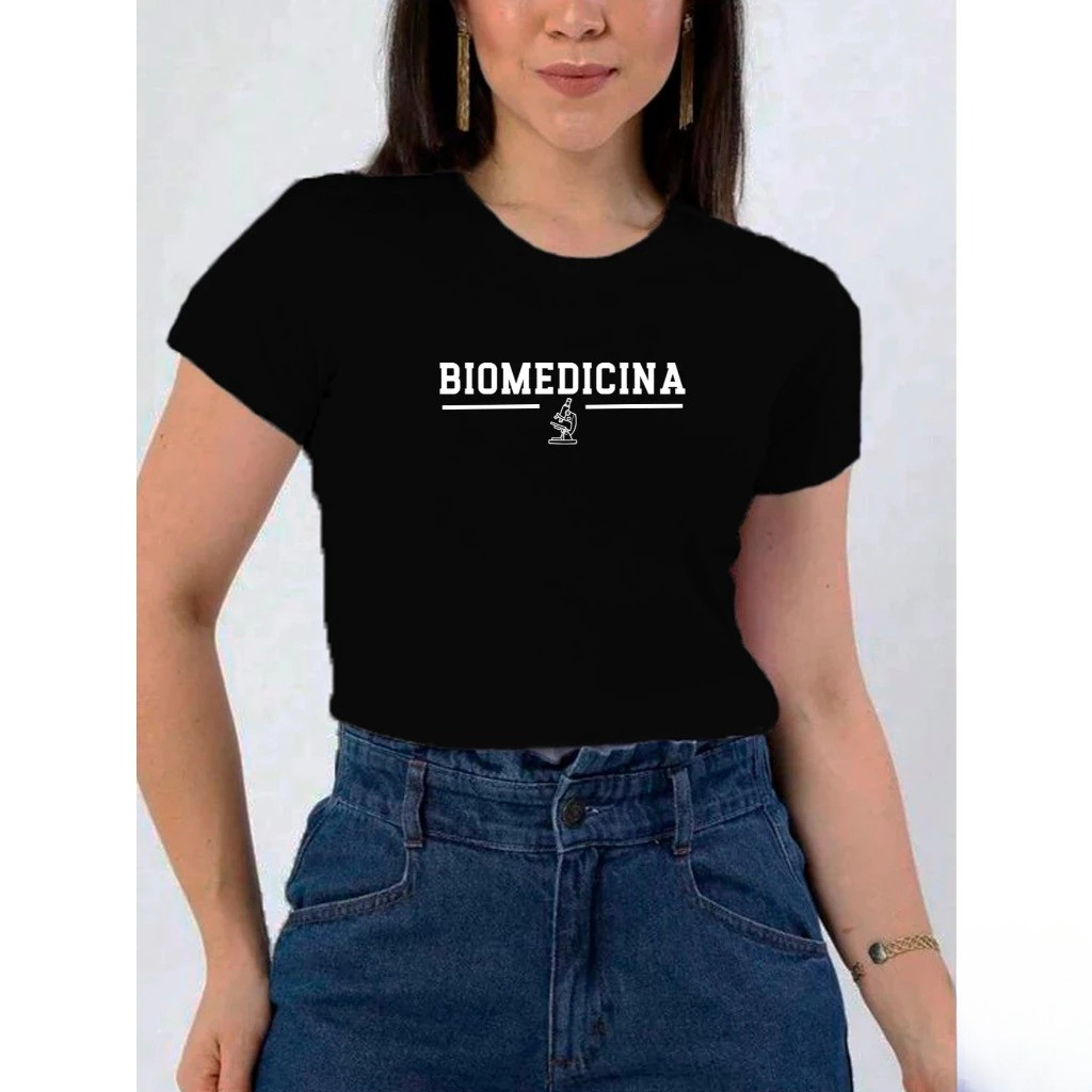 Blusa Feminina Biomedicina Baby Look Estampada Profissão Faculdade com Brasão 100% Algodão