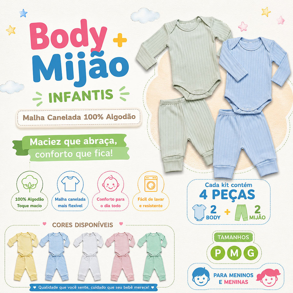 Kit 4 Peças Canelado 2 Conjuntos Body Manga longa e Mijão Barato Enxoval