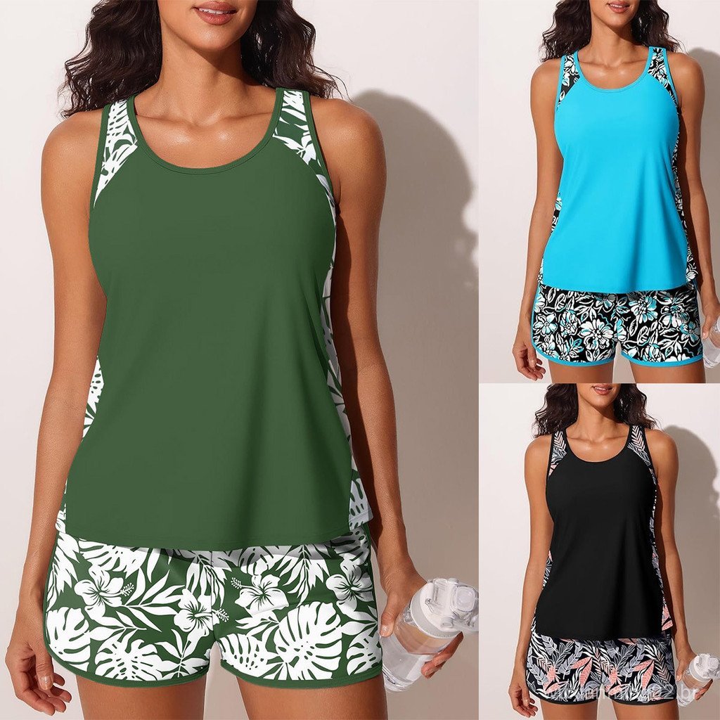 Biquíni tankini de duas peças plus size para mulheres com tankini estampado e shorts O2EQ