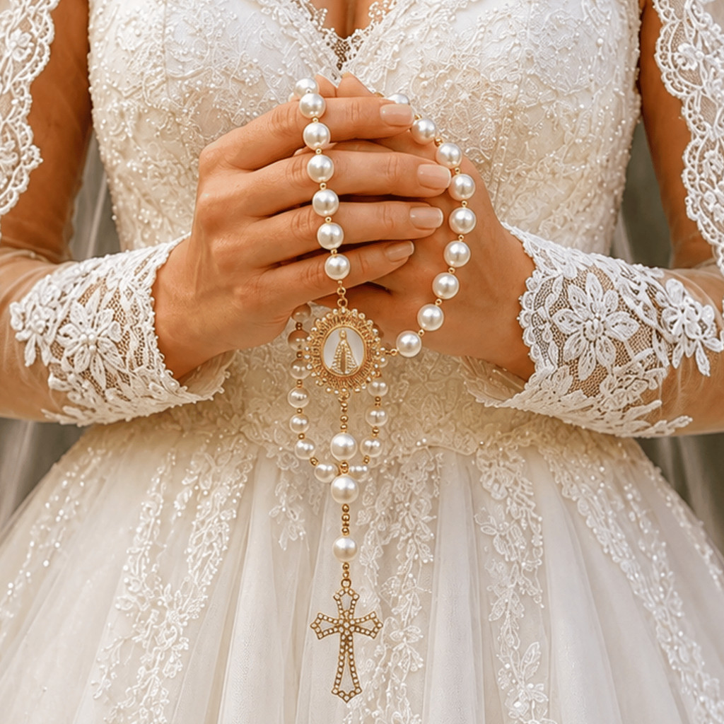TERÇO NOIVA CASAMENTO PÉROLA STRASS MEDALHA NOSSA SENHORA CRAVEJADA LUXO