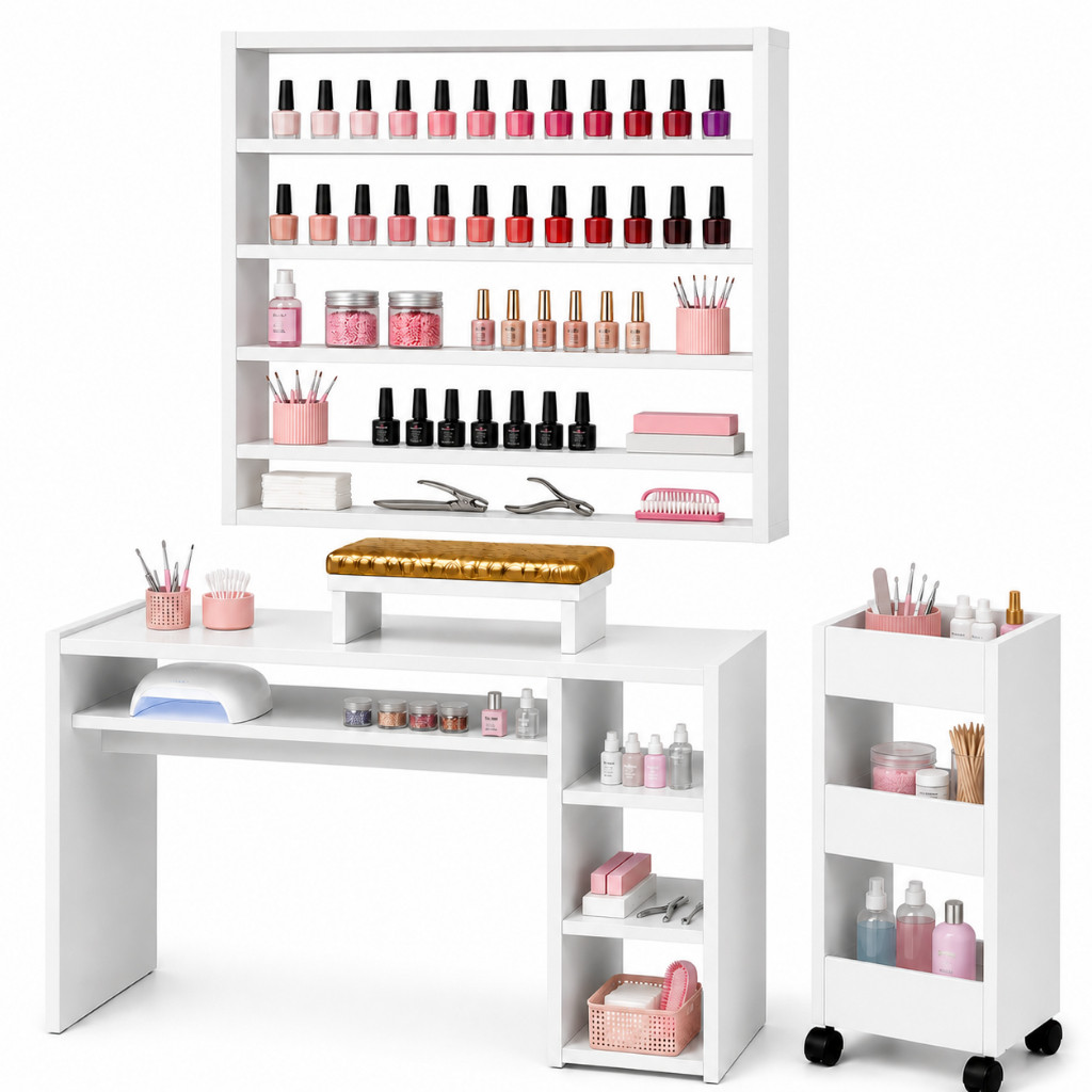 Kit Para Manicure Profissional Completo Com Expositor Esmaltes Carrinho E Apoio
