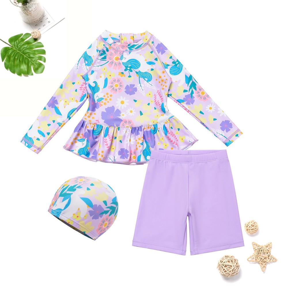 Novo estilo meninas dividir surf maiô glicínia flor saia protetor solar de secagem rápida classe A crianças