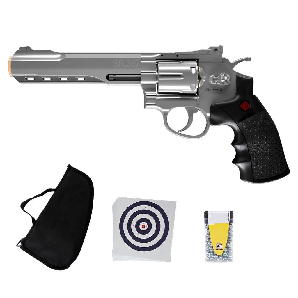 Revólver de Pressão Co2 SR357 Silver 4.5mm – Crosman + Capa + Alvo + Porta Alvo + Cilindro + Esfera