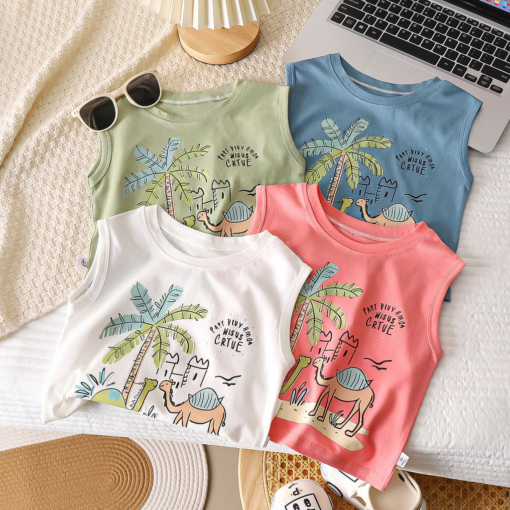 Meninos colete de algodão puro verão pequeno médio crianças simples solto sem mangas camiseta carimbo quente topo exteri