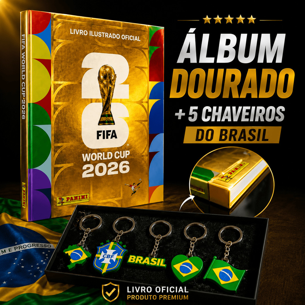 Álbum Capa Dura Dourado Copa do Mundo 2026 Oficial FIFA Panini + 5 Chaveiros do Brasil | Livro Ilustrado Edição Especial