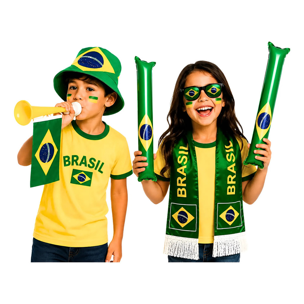Kit Infantil 5 Itens Óculos Vuvuzela Corneta Chapéu Bucket Cachecol Torcedor Brasil Copa Do Mundo Patriota Hexa