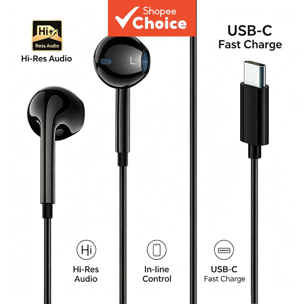 Fones de ouvido digitais Type-C para celulares Android, graves potentes, estéreo HD, controle em linha com um botão para