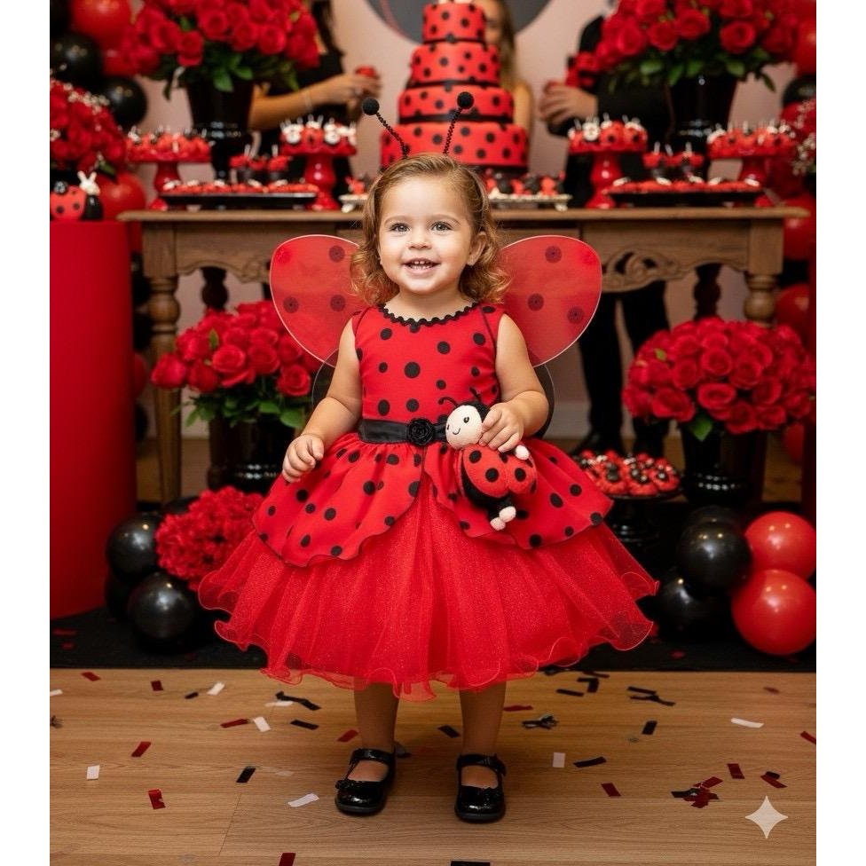Vestido Casual Tematicos Luxinho Joaninha ladybug com asa e tiara Vermelho com bolinhas Pretas