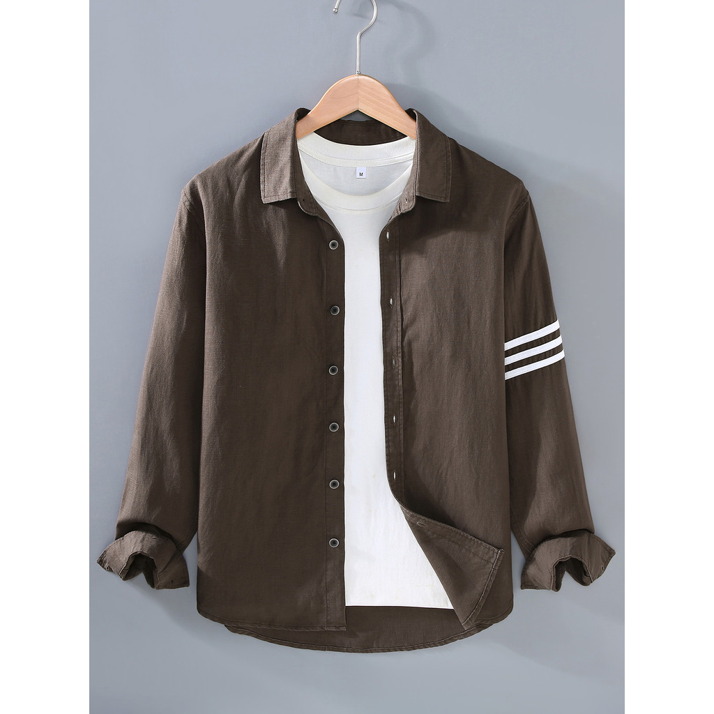 Primavera outono camisa de linho de seda masculina de manga comprida Casual All-Match na moda topo estilo japonês solto 